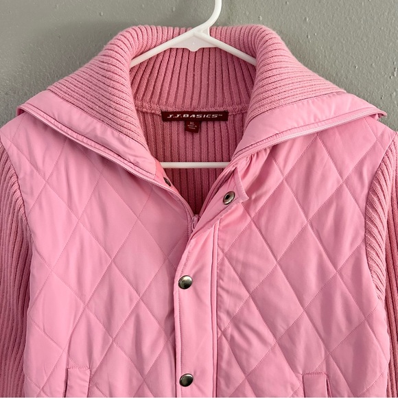 J.J. Basics Y2K Bubblegum Pink Quilted Ribbed Knit Full Zip Sweater Jacket Sz XL - Picture 2 of 7